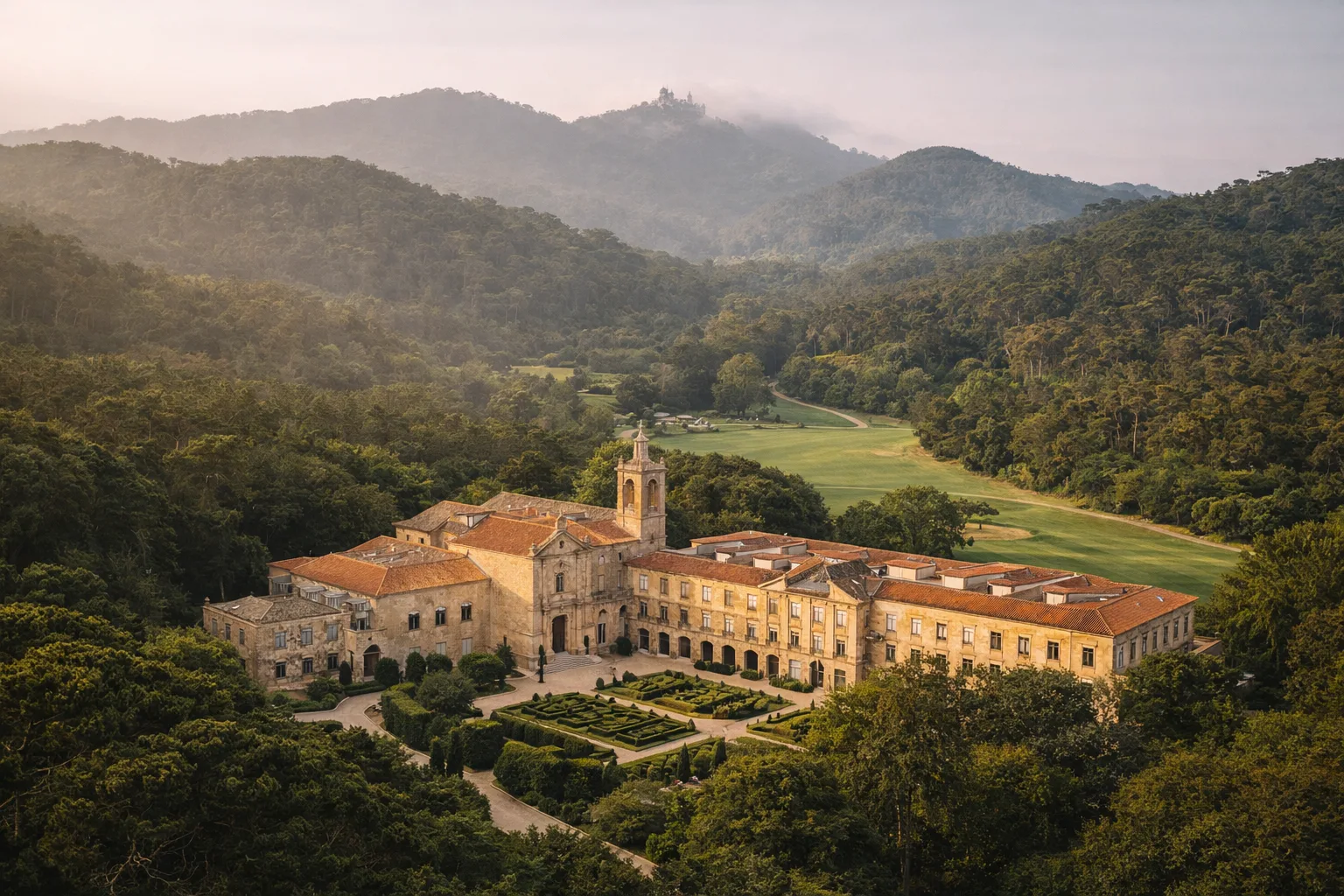 Aerial view of Penha Longa monastery and resort grounds