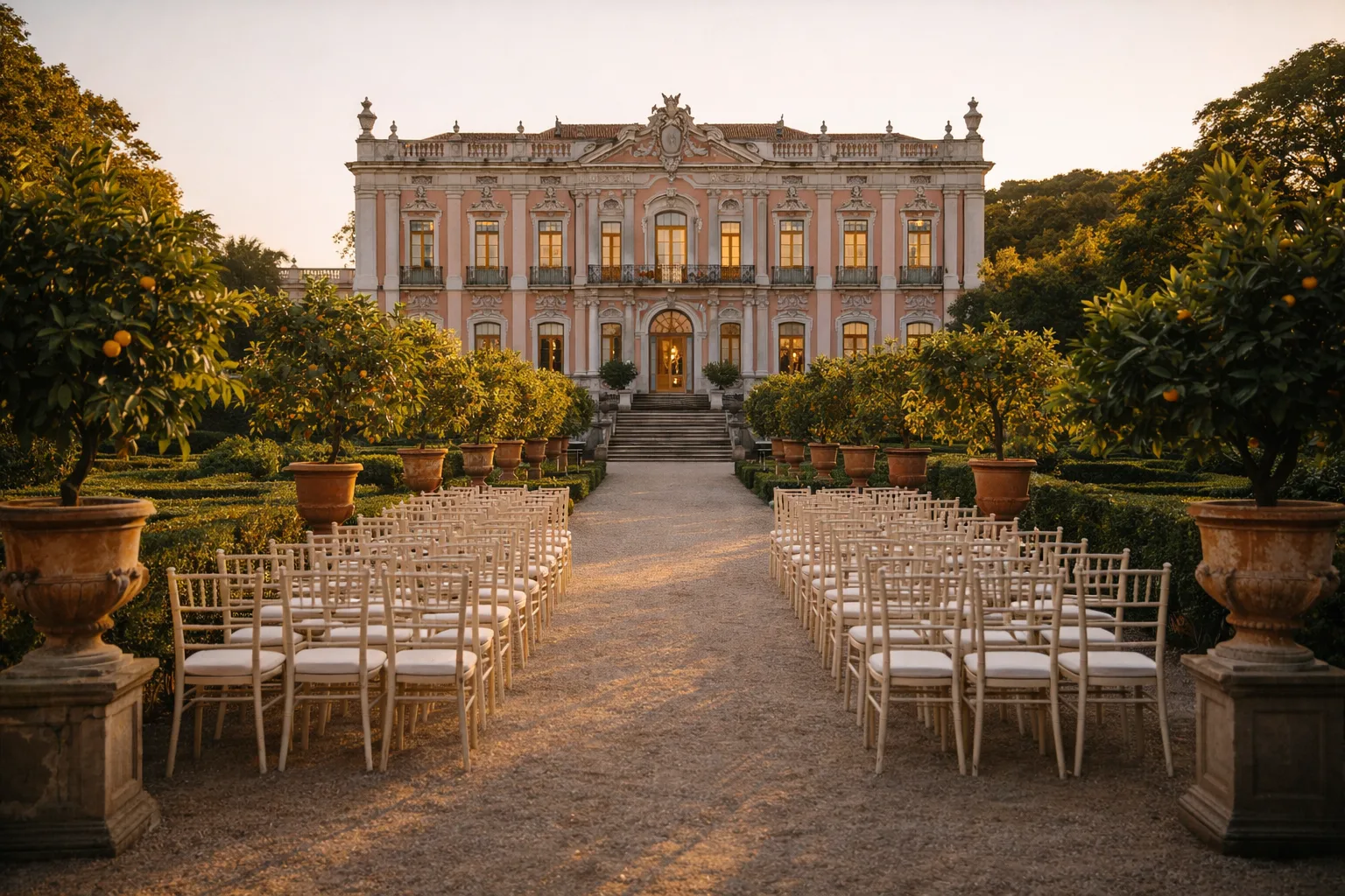 Queluz formal gardens in golden light