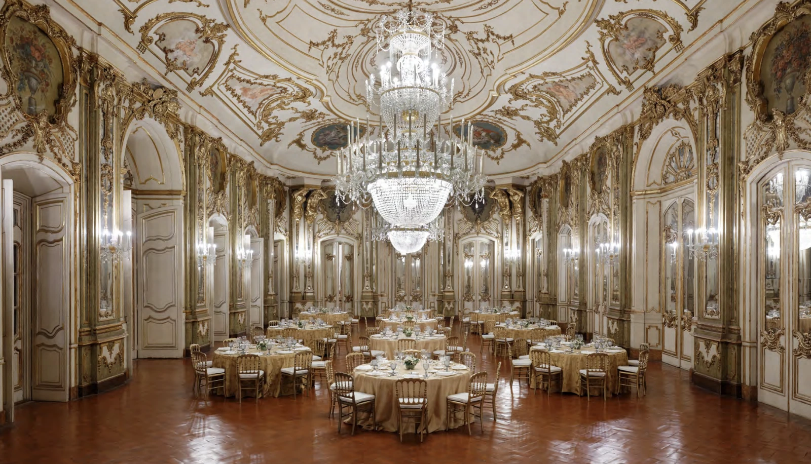 Throne Room at the National Palace of Queluz, a gilded state room set for a seated wedding dinner in Sintra
