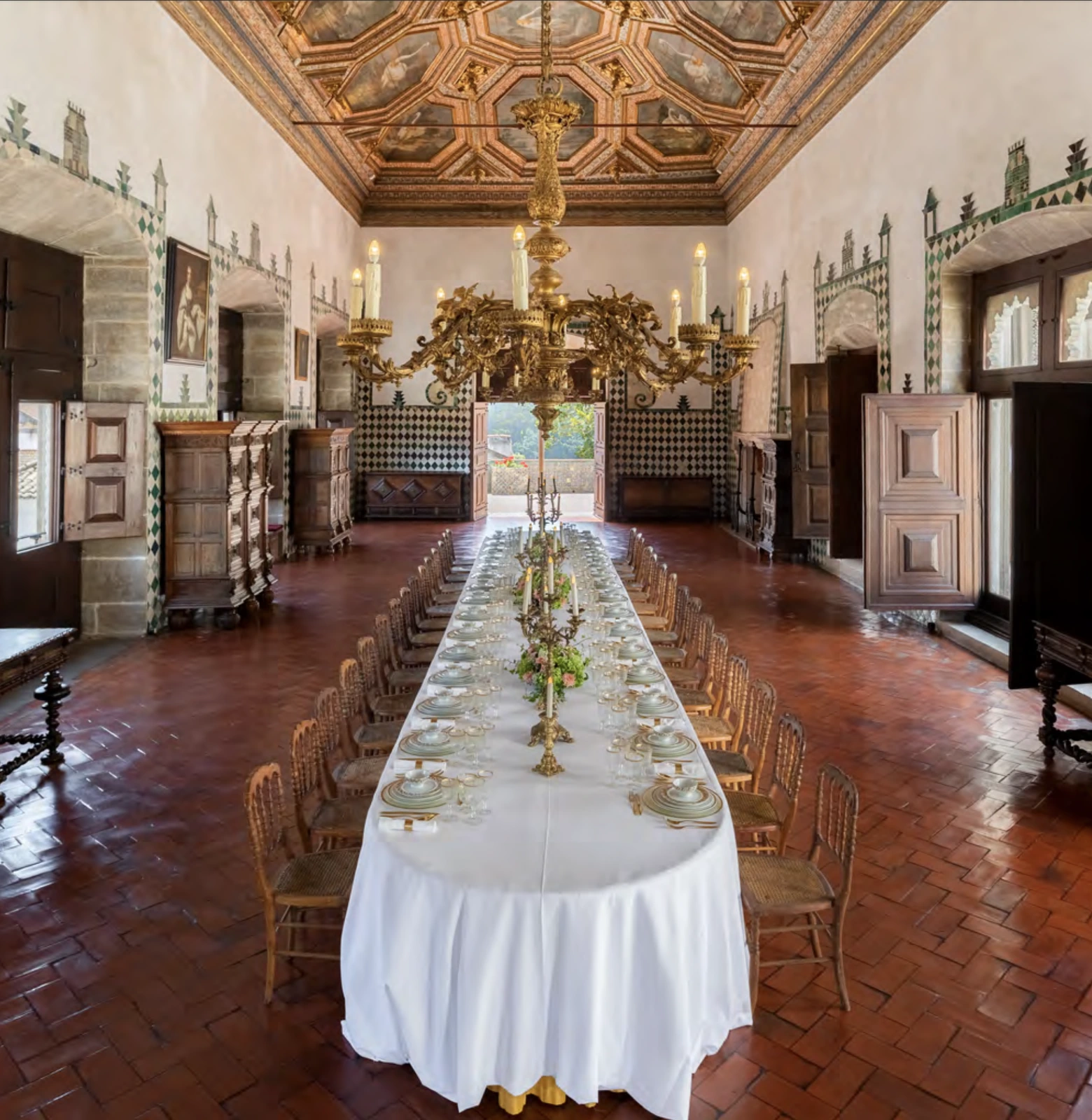 Manueline Room at the National Palace of Sintra with tilework and dark wood for a smaller wedding dinner