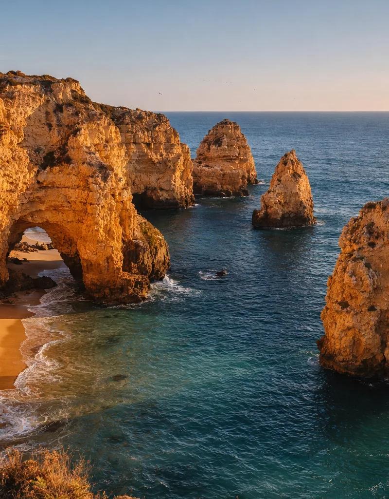 Golden limestone arches along Portugal's western Algarve coast
