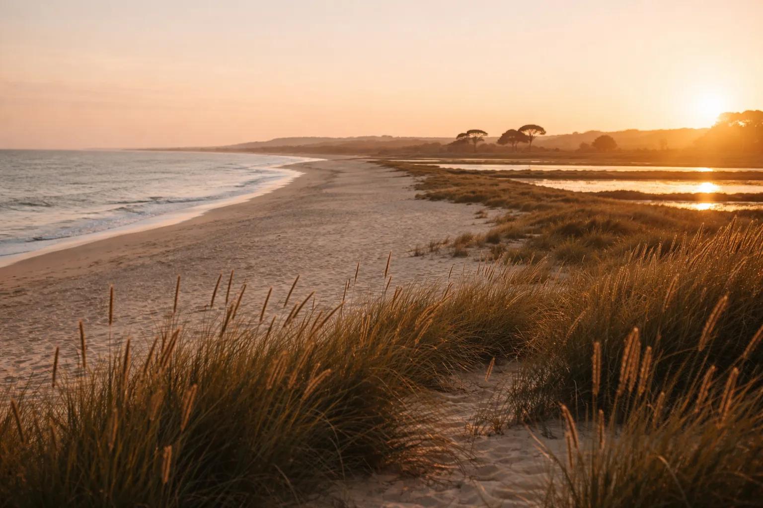 Comporta beach at golden hour — dune grass and Atlantic coast