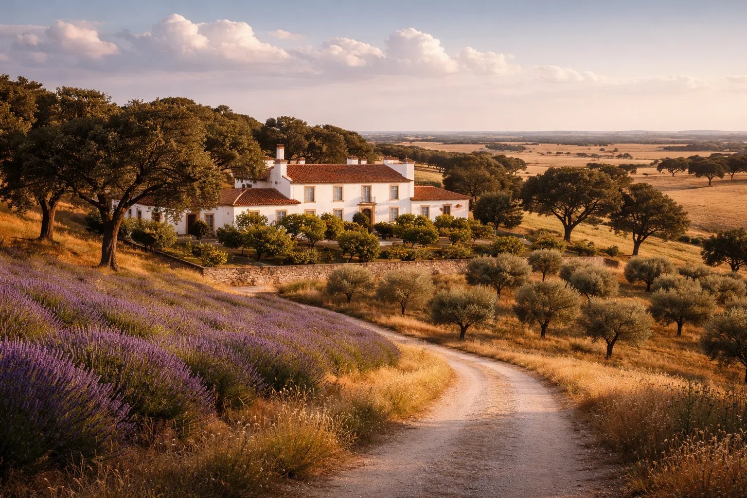 A working-farm herdade estate across the open Alentejo plain