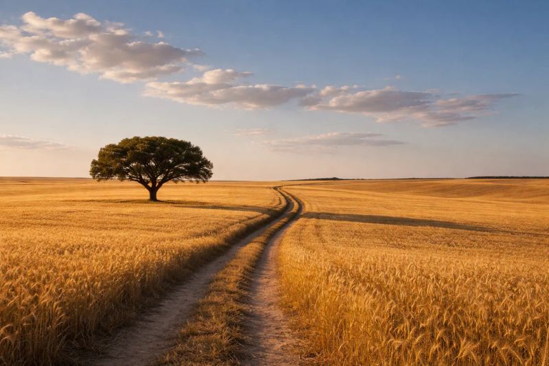 Cork oak trees standing in a golden Alentejo wheat field