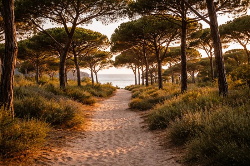 A pine-lined path leading to the white-sand beach at Comporta