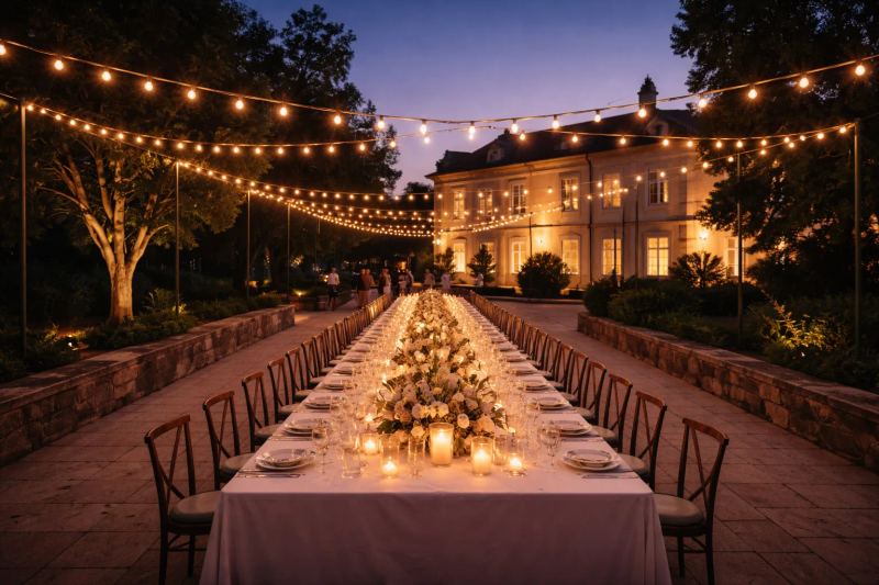 A long table set for a welcome dinner on an Alentejo estate