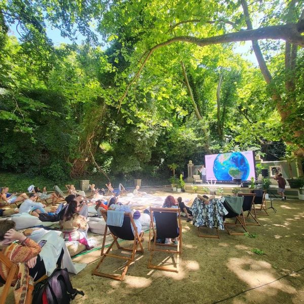 Garden Theater at Quinta da Bella Vista, Sintra, a daytime ceremony audience seated before the open-air stage