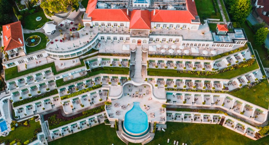 The Yeatman wine hotel above the Douro, its terraced gardens facing Porto's Ribeira in Vila Nova de Gaia, Porto